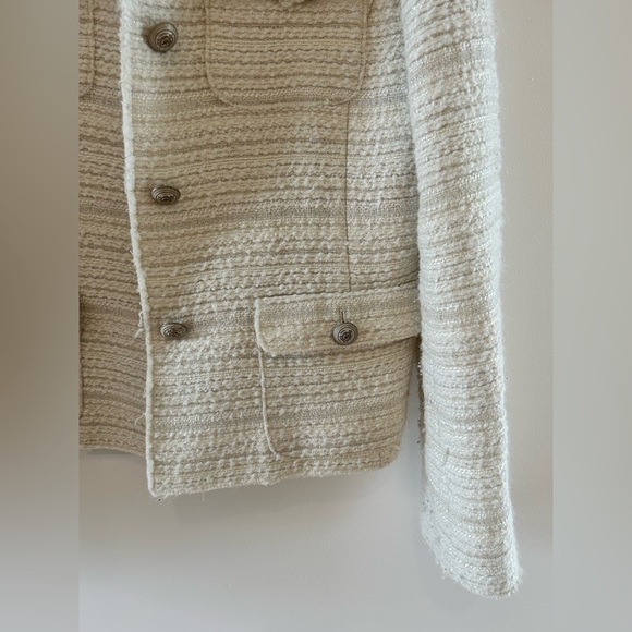 Zara White Wool Tweed Knit Shimmer Button Down Military Blazer Jacket - Picture 2 of 6